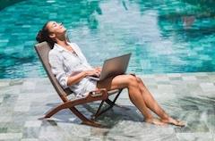 Woman Sitting by the Pool, Wifi Solutions Graphic